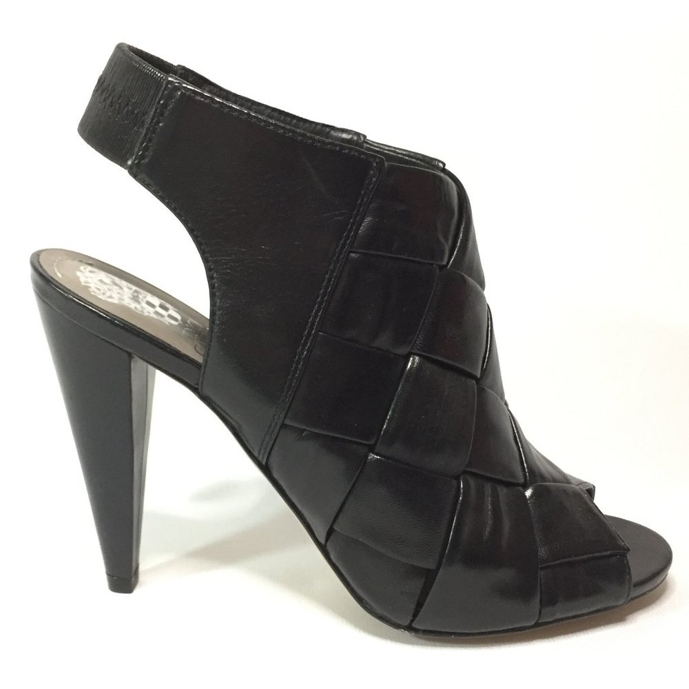 Vince Camuto - Black Leather Weave 4" open toe heels. Size: 7 1/2